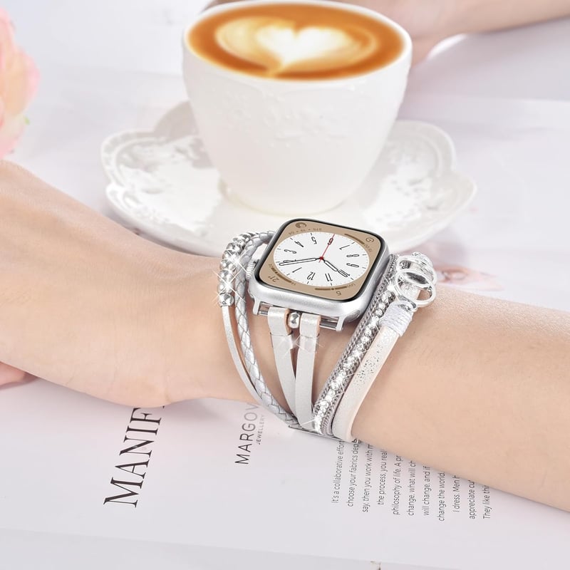 VISOOM Boho Gyöngyös Bőr Szíj Apple Watch 42mm/44mm/45mm/49mm Órához - Női Divatos Kétrétegű Karkötő Series 10/9/8/7/SE Kompatibilis