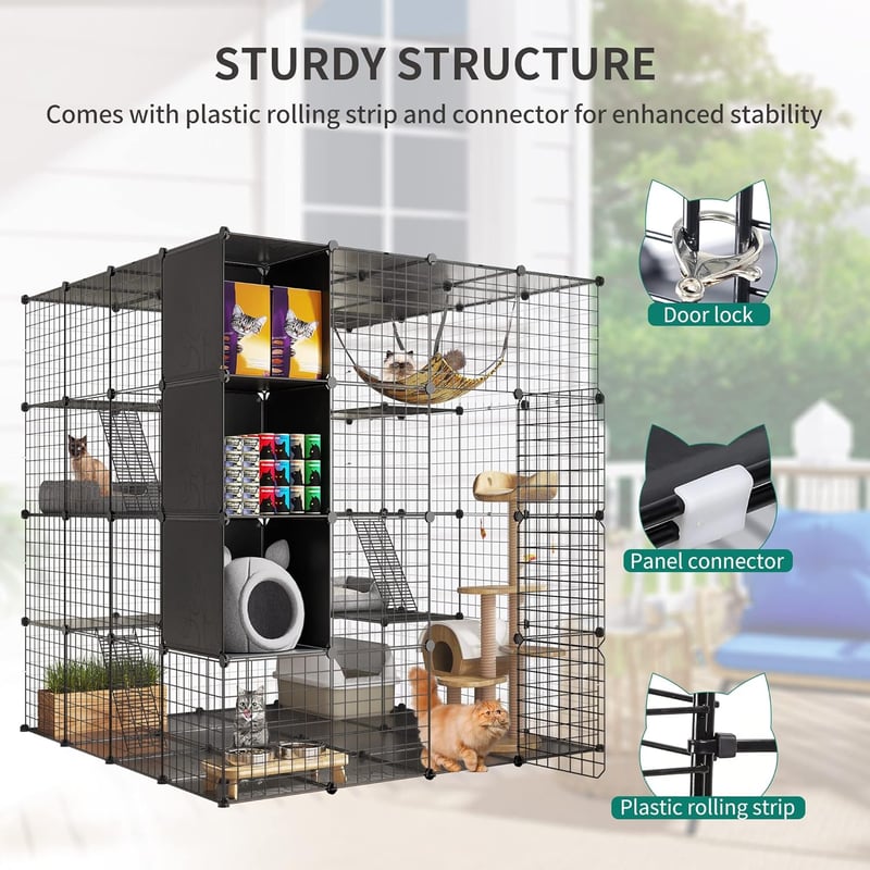 YITAHOME Nagy Macska Ketrec Tárolóval - 140x140x140 cm Fém Játszótér Függőággyal, 4-Szintes Beltéri Kennel 1-4 Macska Részére, Fekete