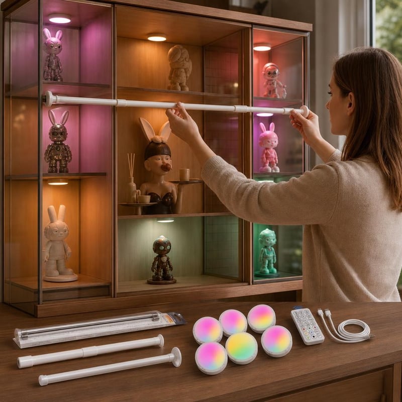 Vitrin set: 2x teleskopická tyč + 3x tyč s prísavkou + 6x RGB LED svetlo