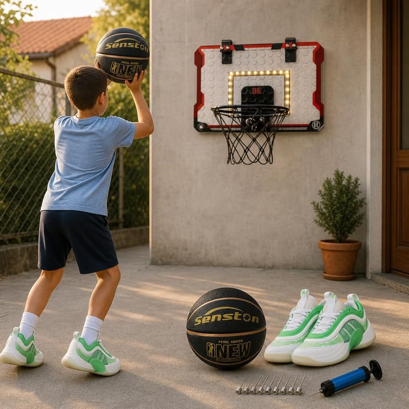 Štartovací basketbalový set: 1x lopta č. 5 + LED kôš s počítadlom + 10x ihla + detské tenisky