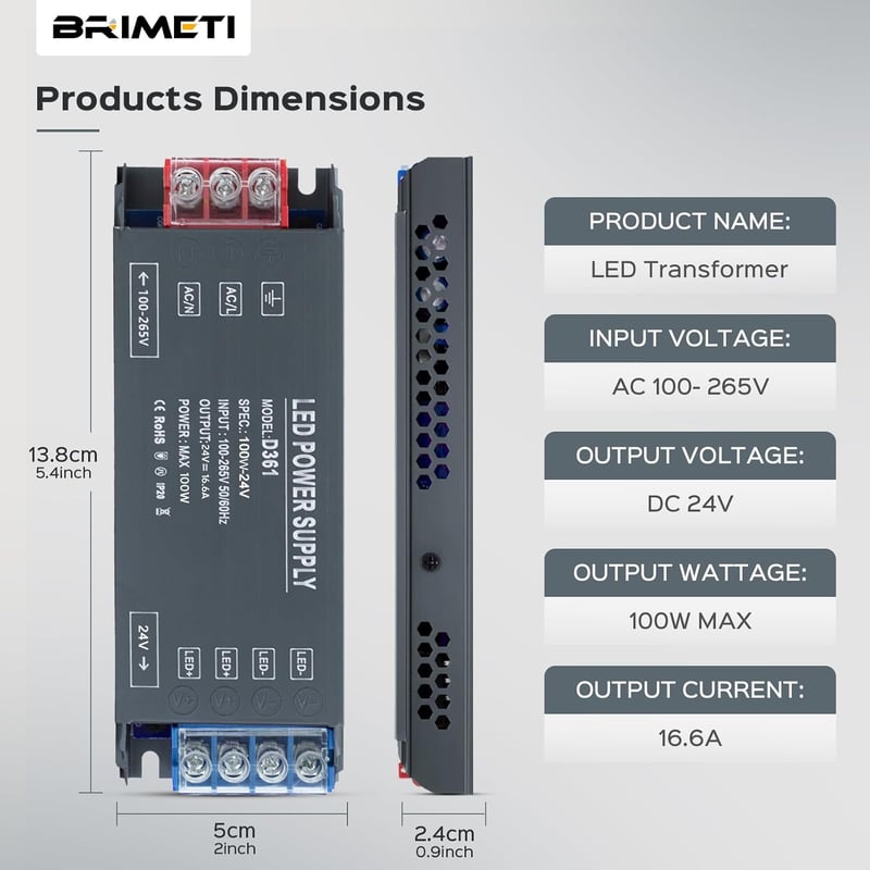 BRIMETI LED Transzformátor 230V-24V 100W Tápegység - Vékony Alumínium Kapcsolóüzemű Átalakító 4,16A LED Szalaghoz, Kerti Világításhoz