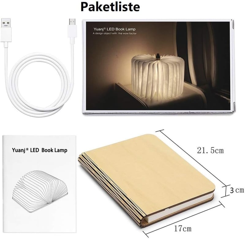 YUANJ Fa Könyvlámpa Meleg Fényű - Juharfa Borítású Összecsukható LED Olvasólámpa 2500mAh Akkumulátorral, Tölthető, Szabályozható Fényerő