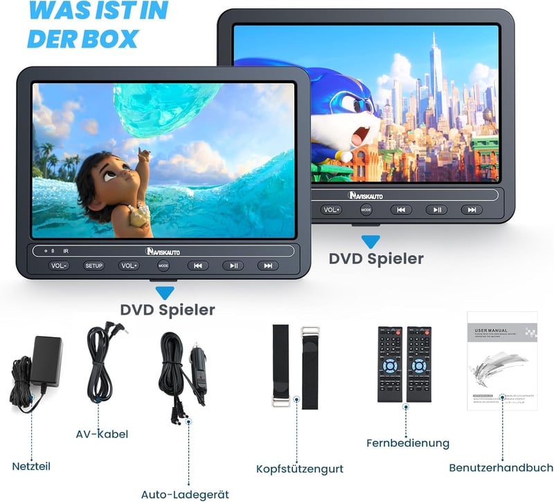 NAVISKAUTO 10,5" Autós DVD lejátszó 2 monitorral, HDMI, 5000mAh akku