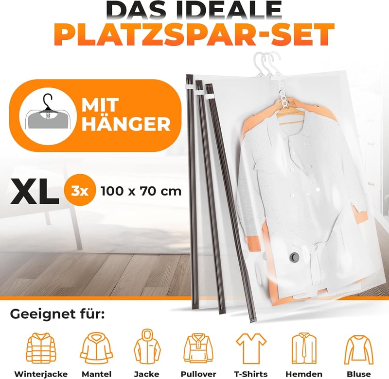 PACKDUDE Függeszthető Vákuumos Ruhatasakok - 100 x 70 cm Extra Erős Átlátszó Tárolózsákok Ruhákhoz, Molyálló Akasztós Rendszerrel, 3 db-os S