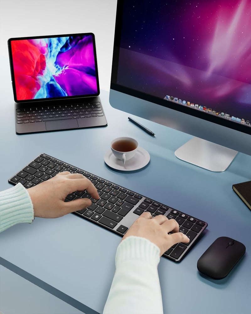 seenda Fém Bluetooth Billentyűzet és Egér Szett - Újratölthető, Kettős Üzemmódú (USB+BT), Ultravékony, Csendes, QWERTZ Kiosztású, PC/Tablet/