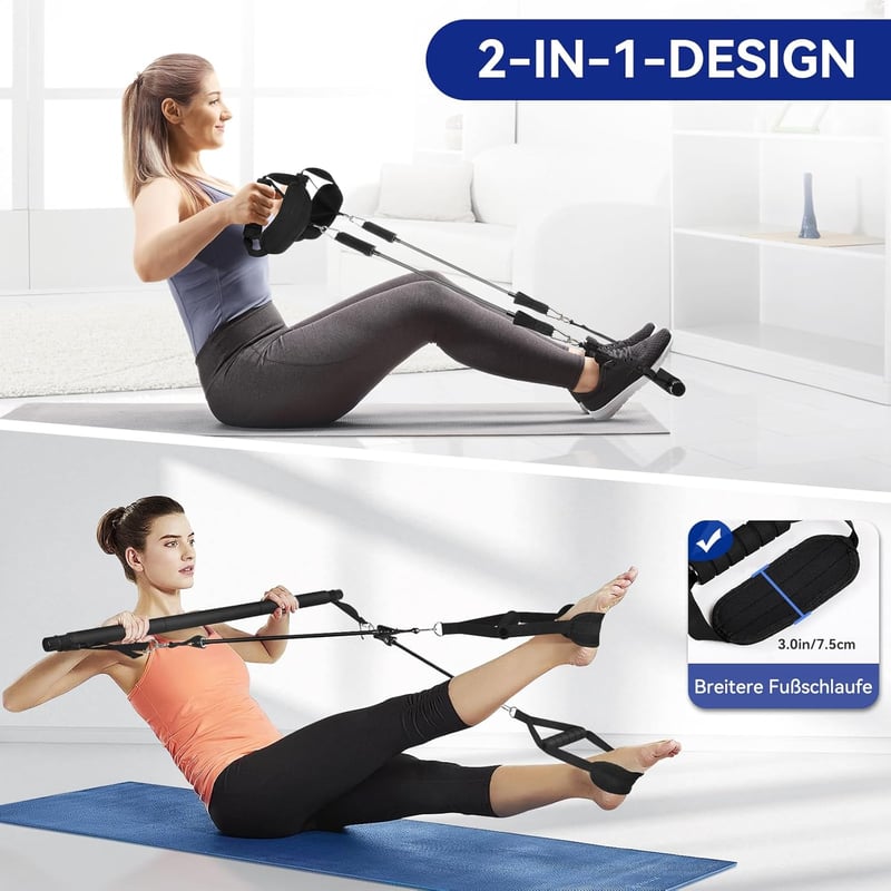 ALongSong Pilates rúd szett kezdőknek - 4 gumiszalaggal, ajtórögzítővel, otthoni edzéshez (Fekete)