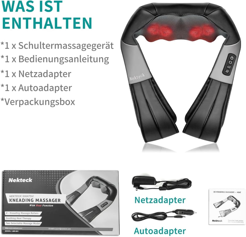 Nekteck Shiatsu Masszírozó Párna Melegítő Funkcióval - Nyak, Váll, Hát és Derék Masszázs Autóban és Irodában, Sebességszabályzóval, Fekete - Black