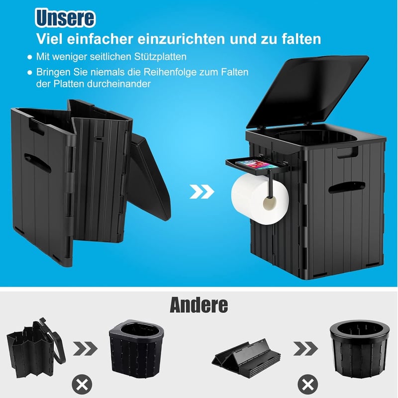 WADEO Hordozható Kemping WC Papírtartóval és Telefontálcával - Black With Urination Device for Women