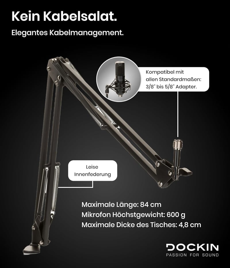 DOCKIN MA100 Mikrofon Kar - 84 cm Állítható Acél Mikrofonállvány Kábelelvezetéssel, Røde/Razer Kompatibilis, Asztali Rögzítővel, Podcast/Str