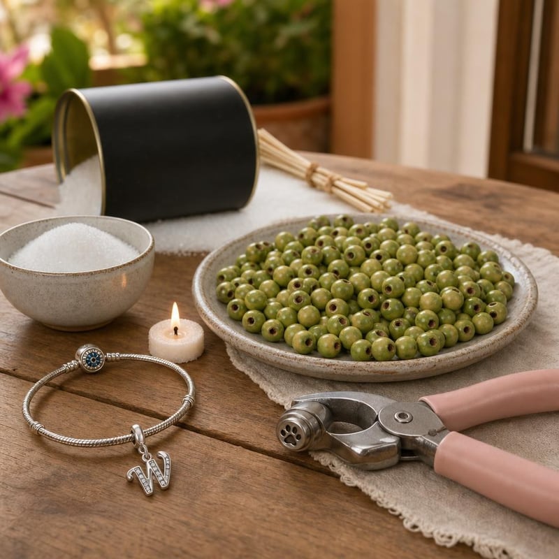 Set za izradu nakita: privjesak slovo W + 80 drvenih perli + 1 kg voska + žig šapa 6 mm