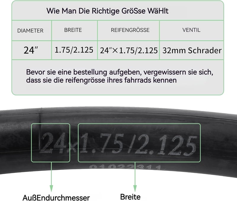 MTATCN Kerékpár Belső Gumi 24x1.75/2.125 Schrader Szelepes (32mm) - Strapabíró Butil Gumibelső MTB, BMX, Gyerekbicikli Kerékhez - 2db Szett 