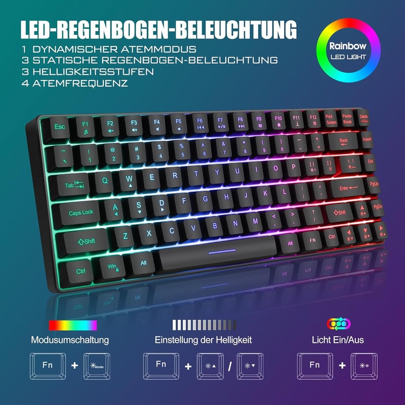 RedThunder 75% Vezeték Nélküli Gamer Billentyűzet és Egér Szett, QWERTZ DE Kiosztás, TKL Kompakt Újratölthető, 7200DPI Méhsejt Kialakítású  - black