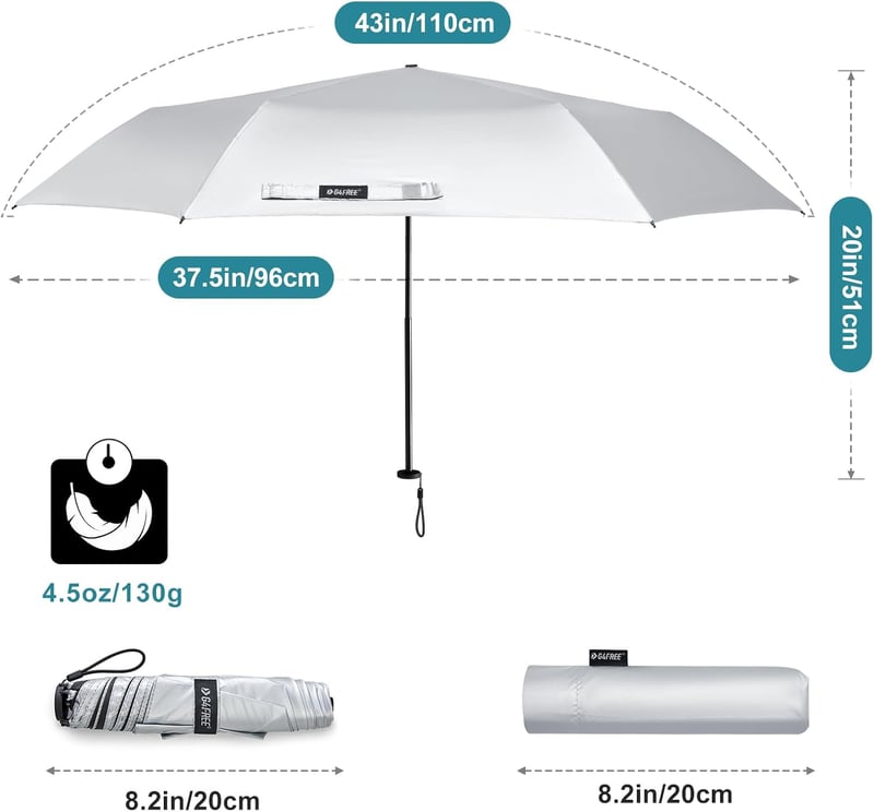 G4Free Kompakt Utazó Esernyő, 115g, Ultrakönnyű, Szuper Kicsi, UPF 50+ Mini UV Napernyő, Szénszálas Bordák, Fekete/Ezüst