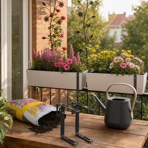 Set Grădină pe Balcon: suport + jardinieră auto-irigare + 20L pământ + stropitoare + 2 suporturi plante