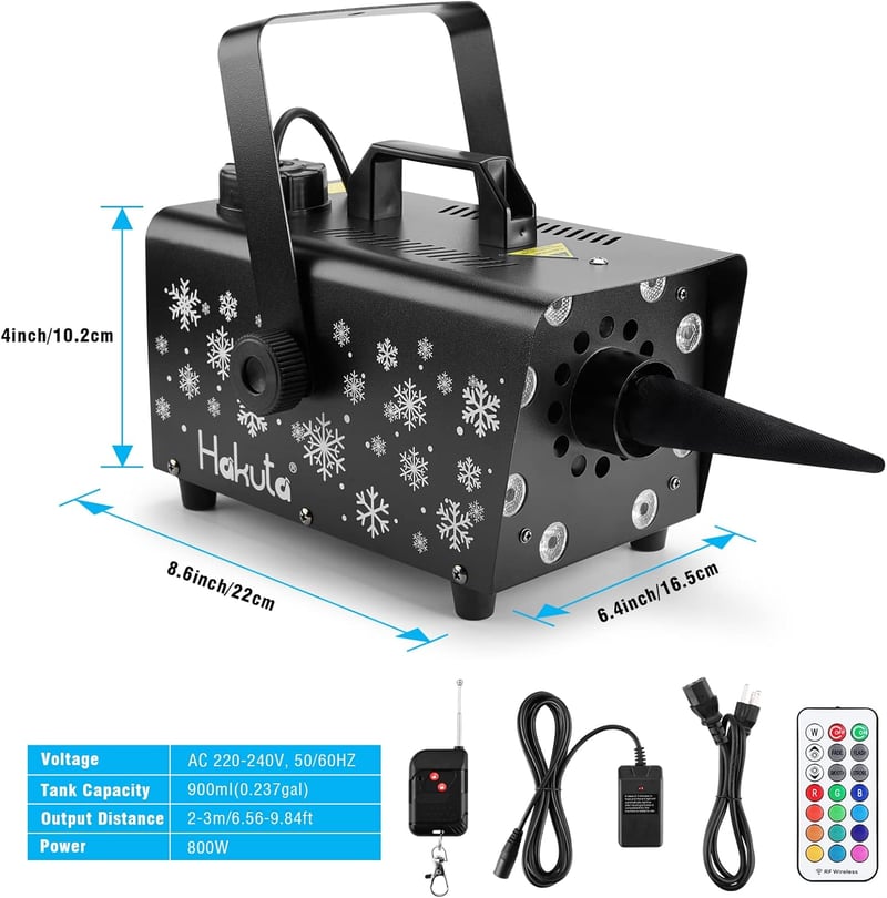 HAKUTA 800W Hógép 8 RGB LED Világítással, 13 Színmóddal és 2 Távirányítóval - Esküvőkre, Partikra, Halloweenre, Karácsonyra, Színpadi Előadá
