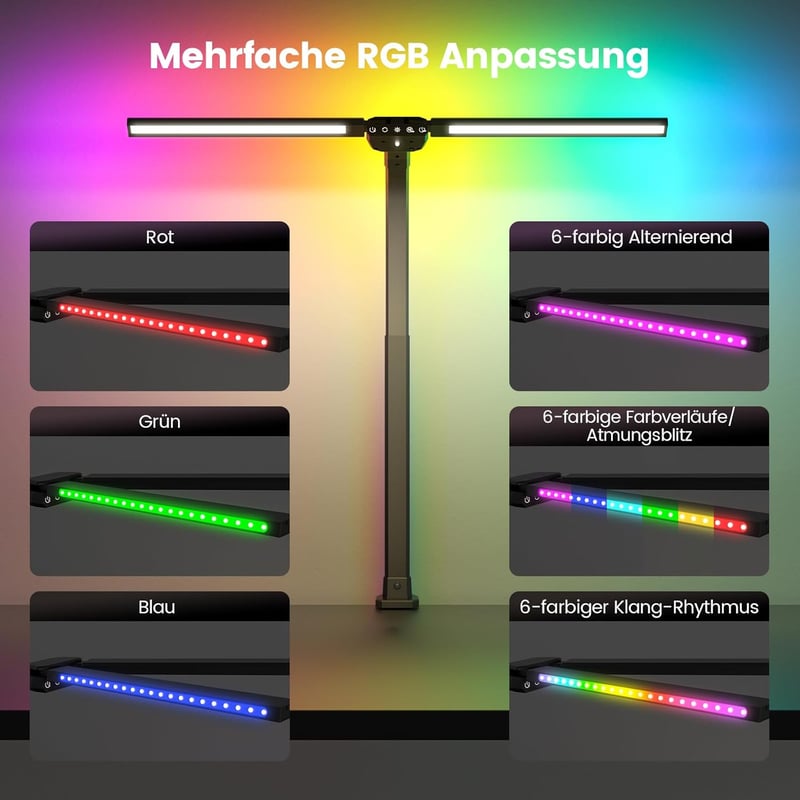 SIBRILLE RGB Dupla Fejes Asztali Lámpa - 22W LED, 80cm, Csíptethető, Távirányítós, Állítható Színhőmérséklet, Szemvédő Monitor Világítás