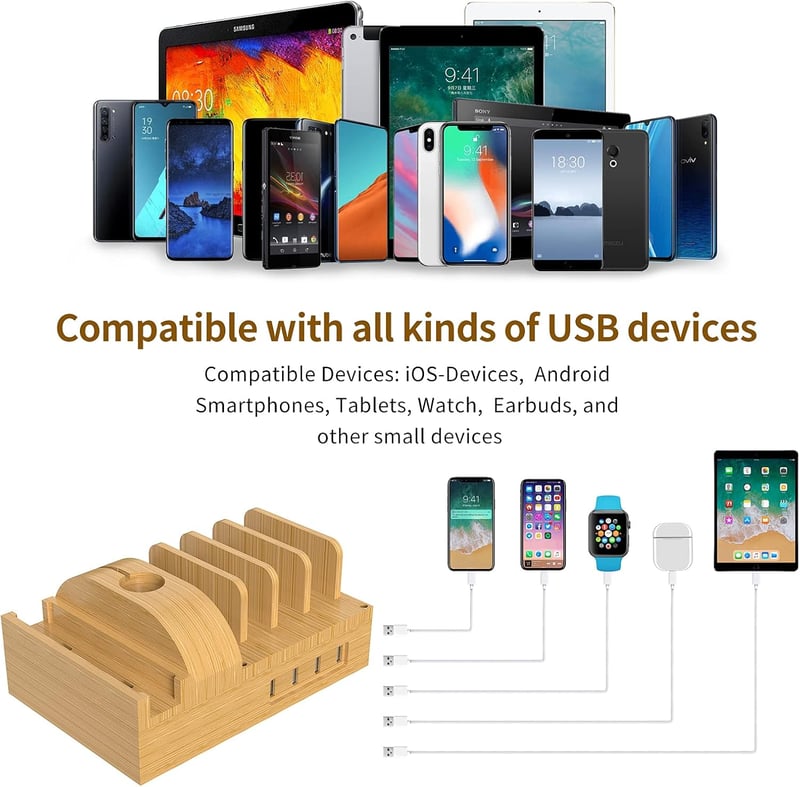 Alltripal Bamboo Töltőállomás 7 Portos USB Gyorstöltő - Többeszközös Telefontöltő Állvány iPhone, Samsung, Huawei Készülékekhez