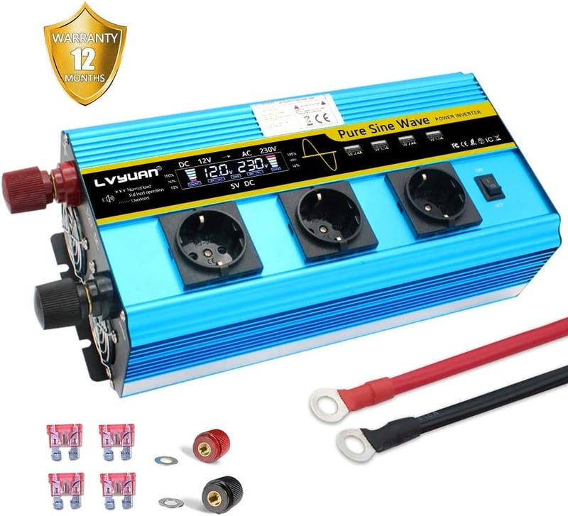 Tiszta szinuszos 3000W/6000W inverter, 12V-230V, 3 EU aljzat, 4 USB, LCD