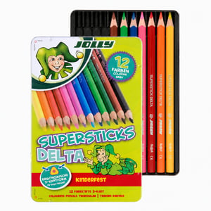 JOLLY Supersticks Delta trokutaste drvene bojice, 10 komada, u metalnoj kutiji, otporne na lomljenje, sigurne za djecu, neotrovne