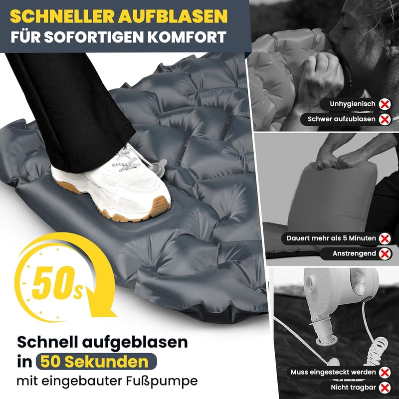 HIKENTURE Önfelfújó Kempingmatrac 10 cm Vastag, Beépített Lábpumpával, Csúszásgátló Felülettel, Kompakt Méretű Túramatrac Kültéri Alváshoz, 