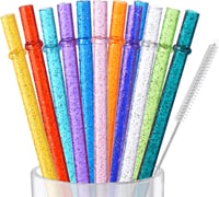 VITEVER 12 db-os Csillogó, Újrahasználható Átlátszó Műanyag Szívószál Készlet, 28 cm, Tisztítókefével 1