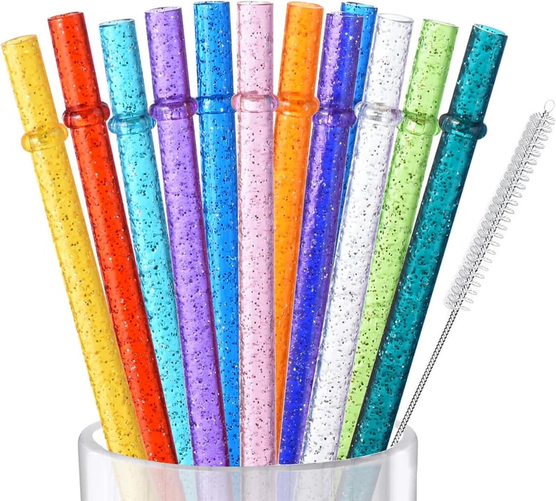 VITEVER 12 db-os Csillogó, Újrahasználható Átlátszó Műanyag Szívószál Készlet, 28 cm, Tisztítókefével
