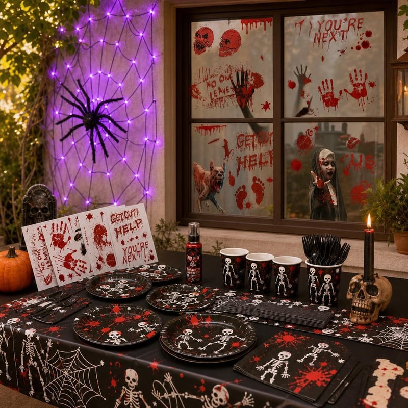 Halloween party set: 8x krvave naljepnice + 80 LED paukova mreža + umjetna krv + 97-dijelni set