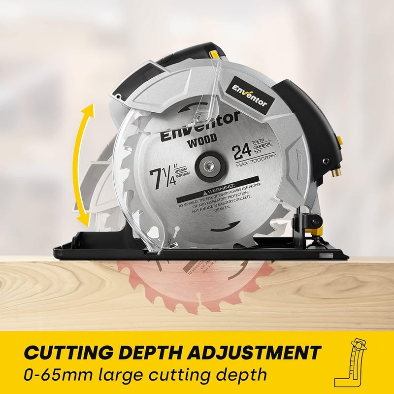Enventor 1200W Körfűrész Vezetősínnel - 185mm Átmérőjű Fűrészlappal, 2 Pengével (24T+40T), 5800 RPM, Lézeres Vezetővel, Fa, Fém és Csempe Vá