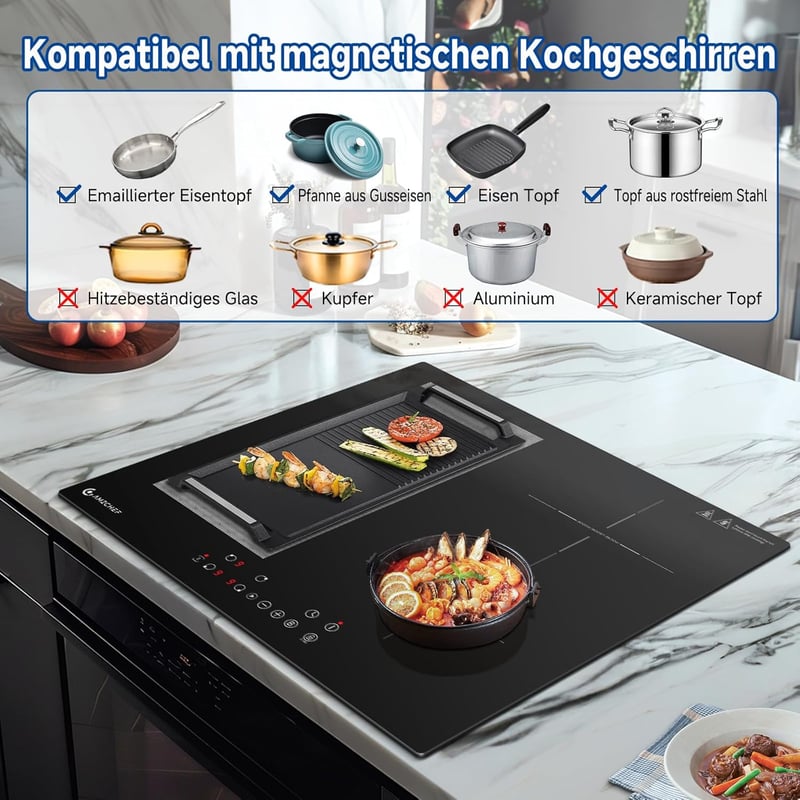 AMZCHEF 60 cm-es Indukciós Főzőlap Flex Zónákkal - 4 Zónás, 7200W, 9 Teljesítményszint, Boost Funkció, Időzítő, Gyerekzár, Túlmelegedés Elle