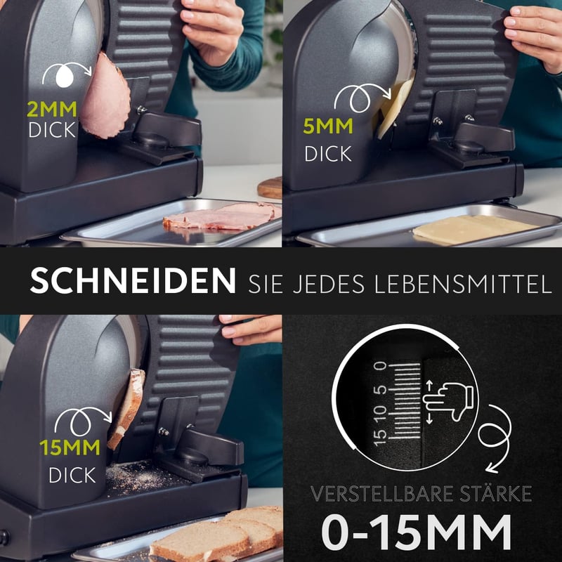 Twinzee Elektromos Szeletelőgép - Állítható Vastagságú (0-15mm) Rozsdamentes Acél Kenyér, Hús és Sajt Vágó 2 Cserélhető Pengével, 150W, Feke