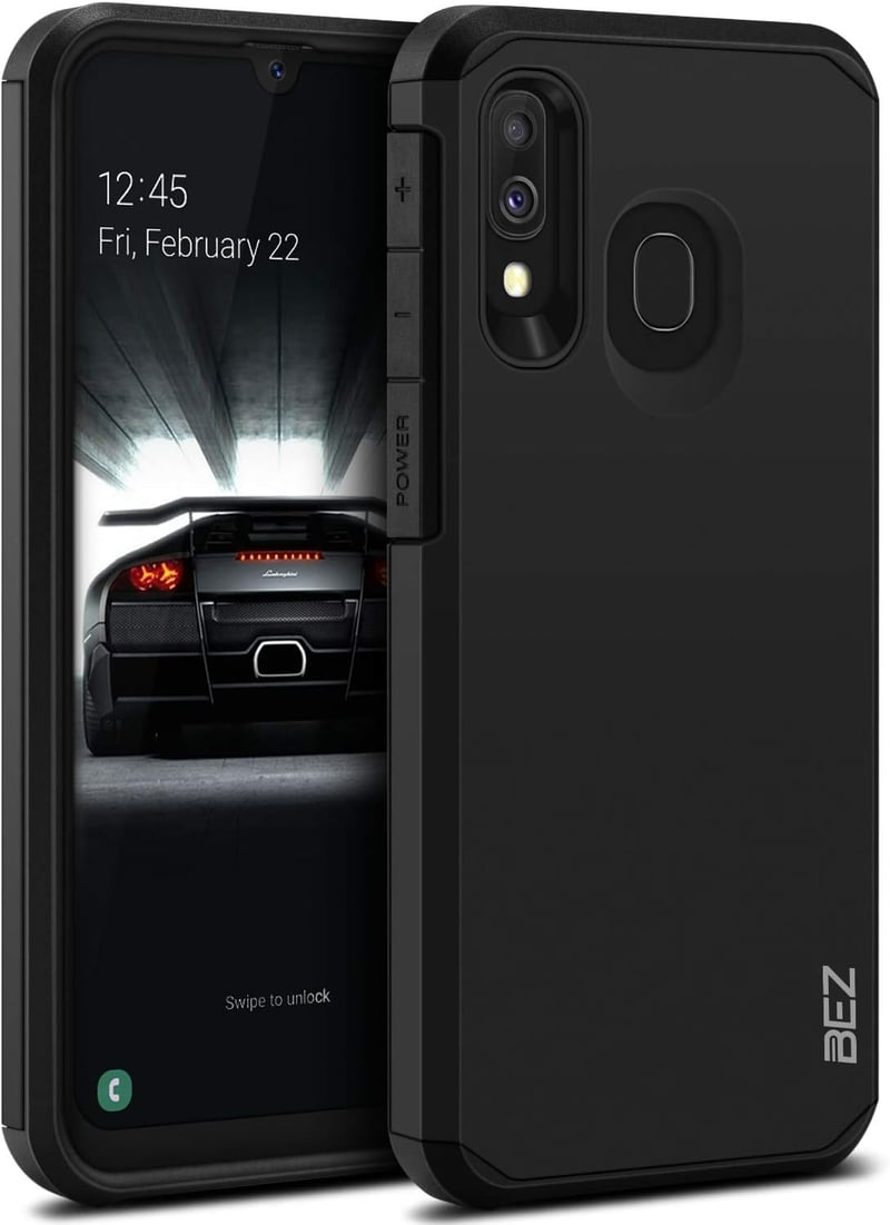 BEZ Samsung Galaxy A40 Ütésálló Tok - Dupla Rétegű Páncél Védőtok Kitámasztóval, Fekete Színben, Strapabíró Műanyag-Gumi Borítás