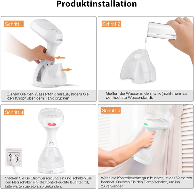 HOMEASY 1500W Kézi Gőzölő - Gyors Felmelegedésű Fehér Ruhagőzölő 280ml Tartállyal