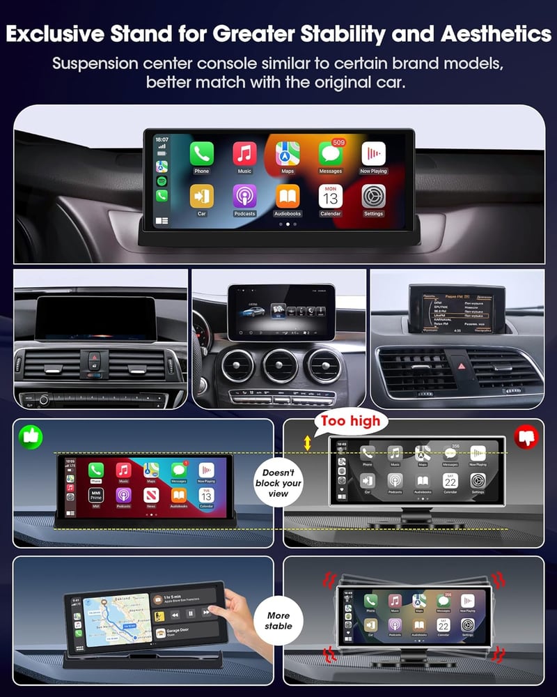 Jansite 10,26" Érintőképernyős CarPlay Android Autós Kijelző Állvánnyal - GPS Navigáció, Tolatókamera, Siri/Google Asszisztens, Vezeték Nélk