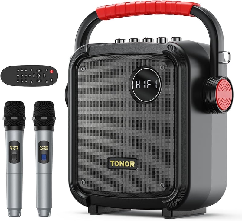 TONOR K7 Hordozható Bluetooth Karaoke Hangszóró 2 Vezeték Nélküli Mikrofonnal - Parti Hangrendszer USB/TF/AUX Csatlakozással, 9 Órás Üzemidő