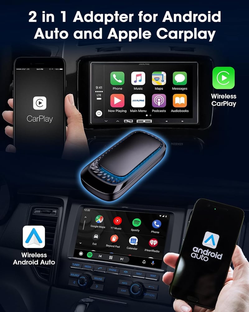 Jansite 2-in-1 Vezeték Nélküli CarPlay és Android Autó Adapter, 5GHz WiFi, USB-C, RGB, Gyors Átvitel, iPhone és Android Kompatibilis