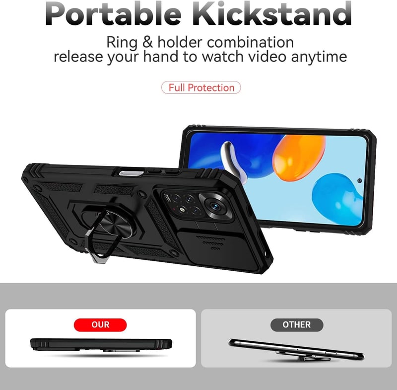 Xiaomi Redmi Note 11/11S Csúsztatható Kamerás Védőtok 360° Gyűrűvel és Mágnessel