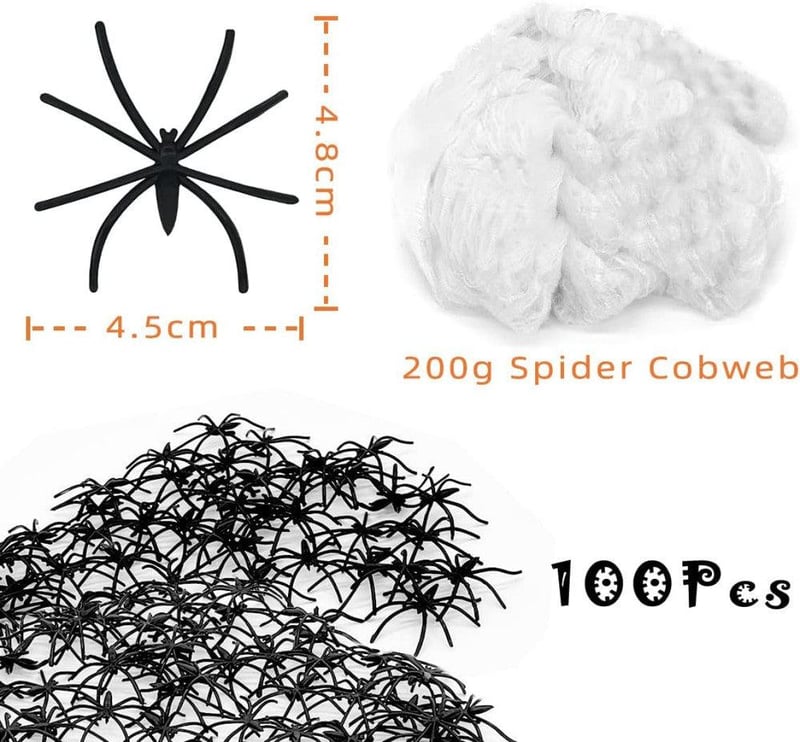 Óriás Halloween Pókháló Szett 54m² - 200g Nyújtható Dekoráció 100 Műpókkal, Fekete-Fehér