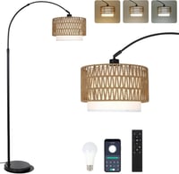 Rayofly Ívelt Állólámpa - Rattan Kettős Lámpaernyővel, Távirányítóval és LED Izzóval, Alkalmazásvezérléssel, Boho Stílusú Vintage Világítás  1