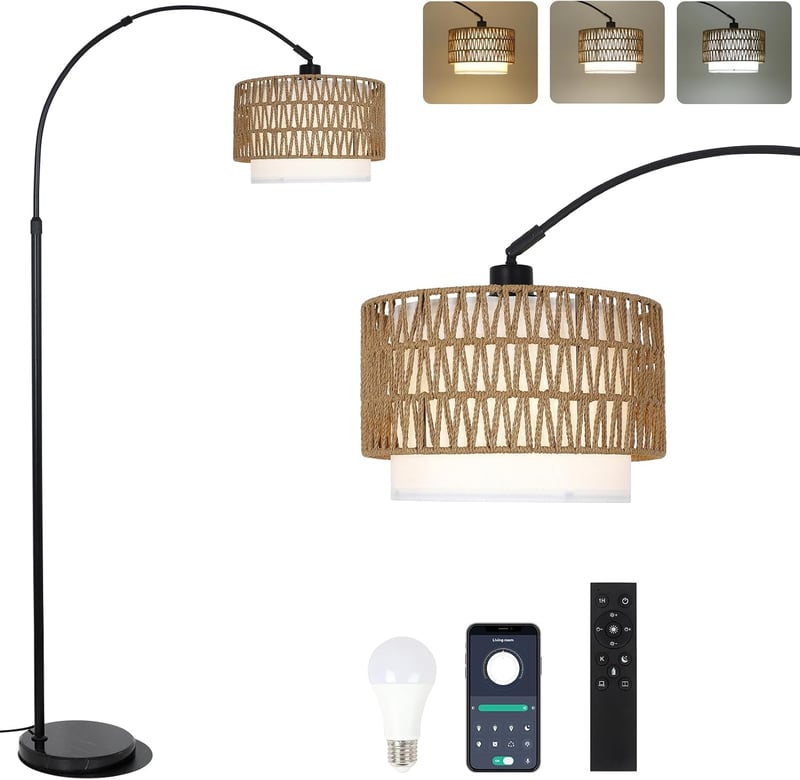 Rayofly Ívelt Állólámpa - Rattan Kettős Lámpaernyővel, Távirányítóval és LED Izzóval, Alkalmazásvezérléssel, Boho Stílusú Vintage Világítás 