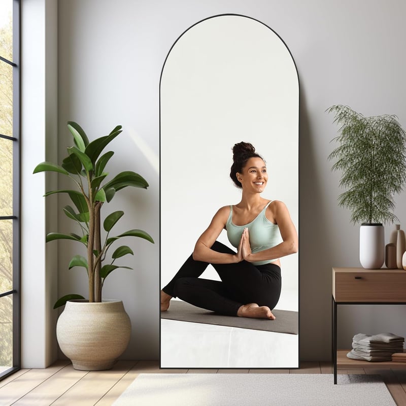 LunaMirror Ívelt Álló Tükör 192x85 cm - Teljes Alakos Padlótükör Hálószobába, Nappaliba - Fekete Alumínium Kerettel, Nano Üveg