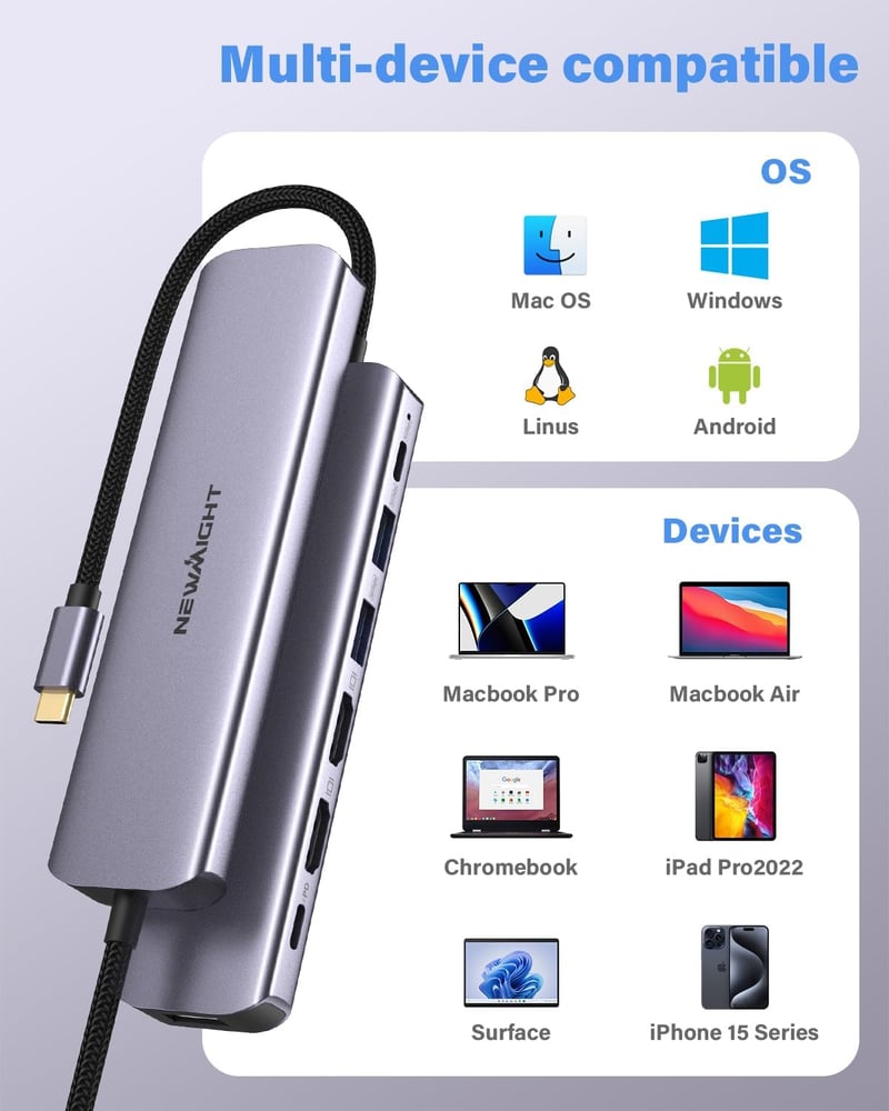 Newmight 7 az 1-ben USB-C Dokkoló Állomás Kettős Monitor Támogatással - 2 HDMI, 3 USB 3.0, 100W PD - Dell, HP, iPhone 15 Kompatibilis
