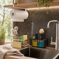 Kuchynský organizér: držiak na utierky + odkvapkávač na špongiu + dávkovač saponátu s kefkou 1