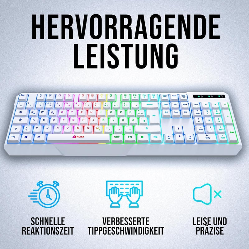 KLIM Chroma Vezeték Nélküli Gamer Billentyűzet - Tartós, Vízálló, RGB Háttérvilágítás, PC PS4 PS5 Mac Kompatibilis, Fehér