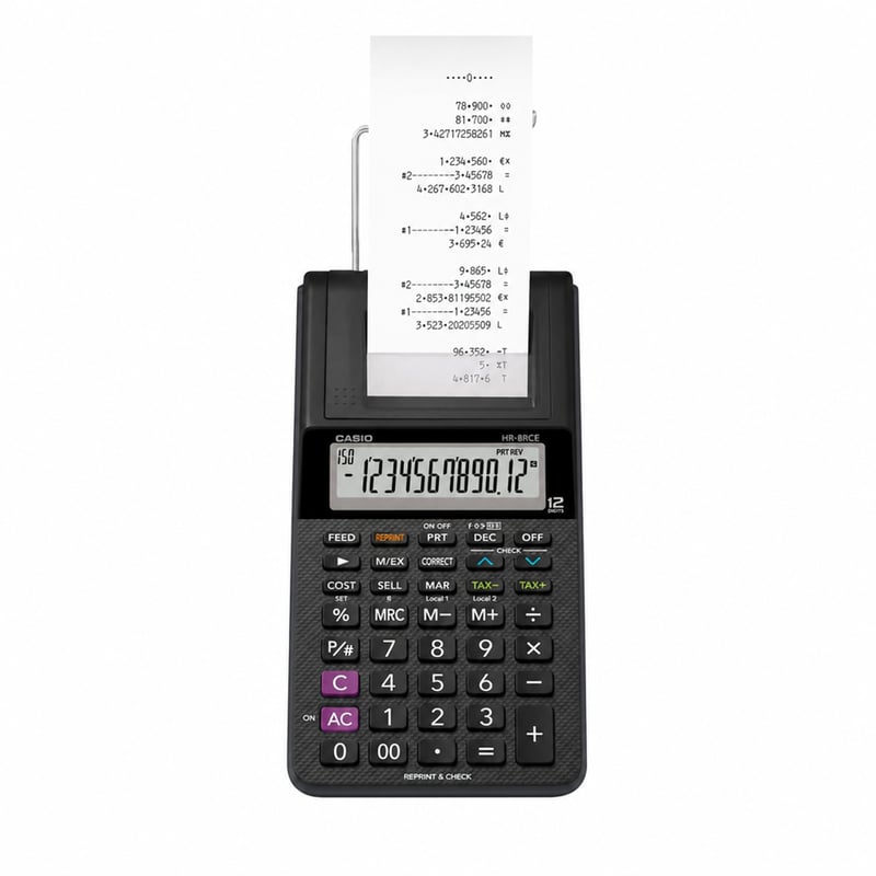 Calculator cu imprimantă Casio HR-8RCE-BK cu afișaj LCD cu 12 cifre, negru — defect, funcționează parțial: butonul AC blocat (stare: vezi a 2-a imagine)