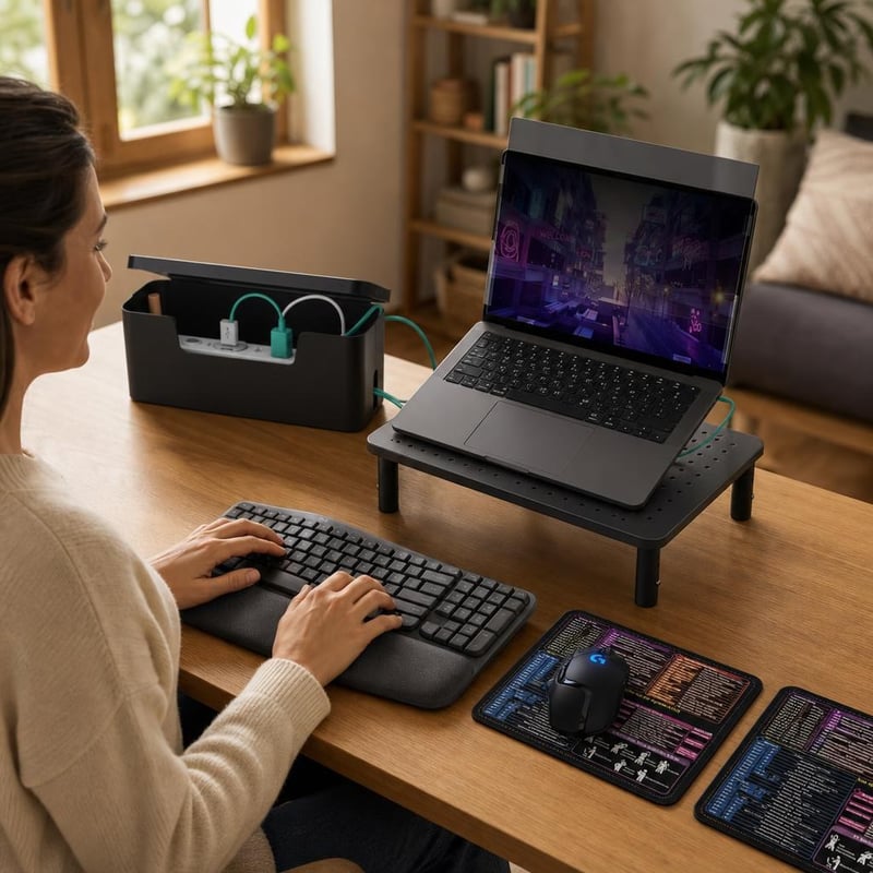 Fókusziroda csomag: 13,3" adatvédelmi szűrő + billentyűzet + 2 db egérpad + monitorállvány + kábelbox
