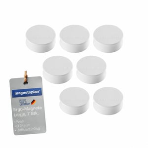 magnetoplan Ergo-Magnete Large bijeli magneti za ploču promjera 34 mm za uredsku upotrebu za bijele ploče i staklene ploče — set od 7 komada