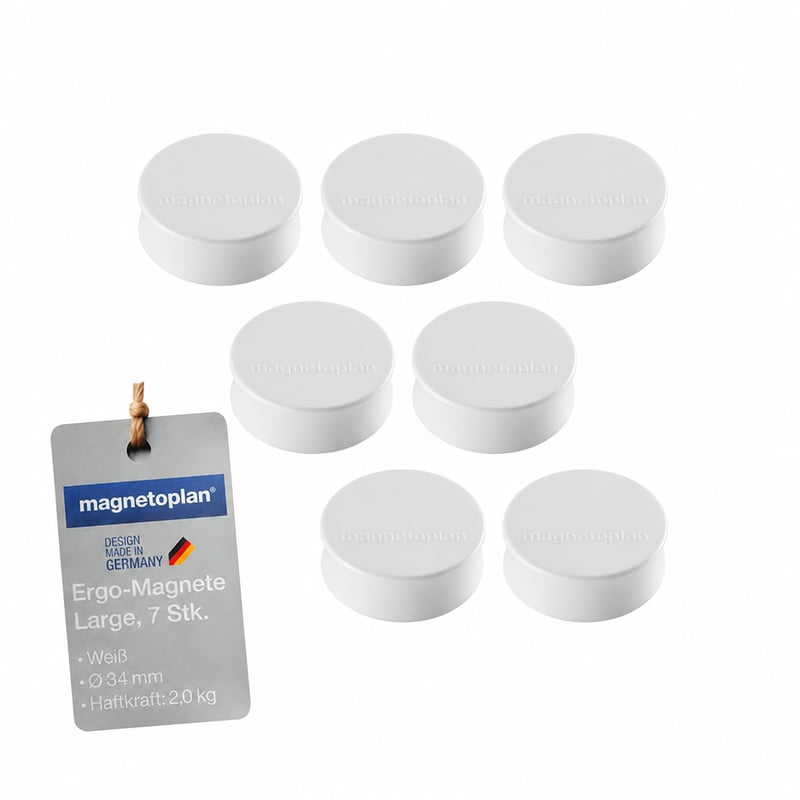 magnetoplan Ergo-Magnete Large biele magnety, 34 mm priemer, na kancelárske použitie na biele a sklenené tabule — sada 7 ks