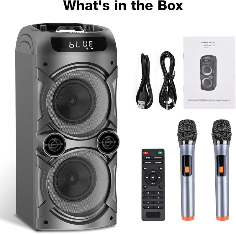 LANMEMG Karaoke Rendszer 2 Vezeték Nélküli Mikrofonnal - 100W Hordozható Bluetooth Hangszóró LED Fényekkel, Távirányítóval, USB/TF Kártya Tá