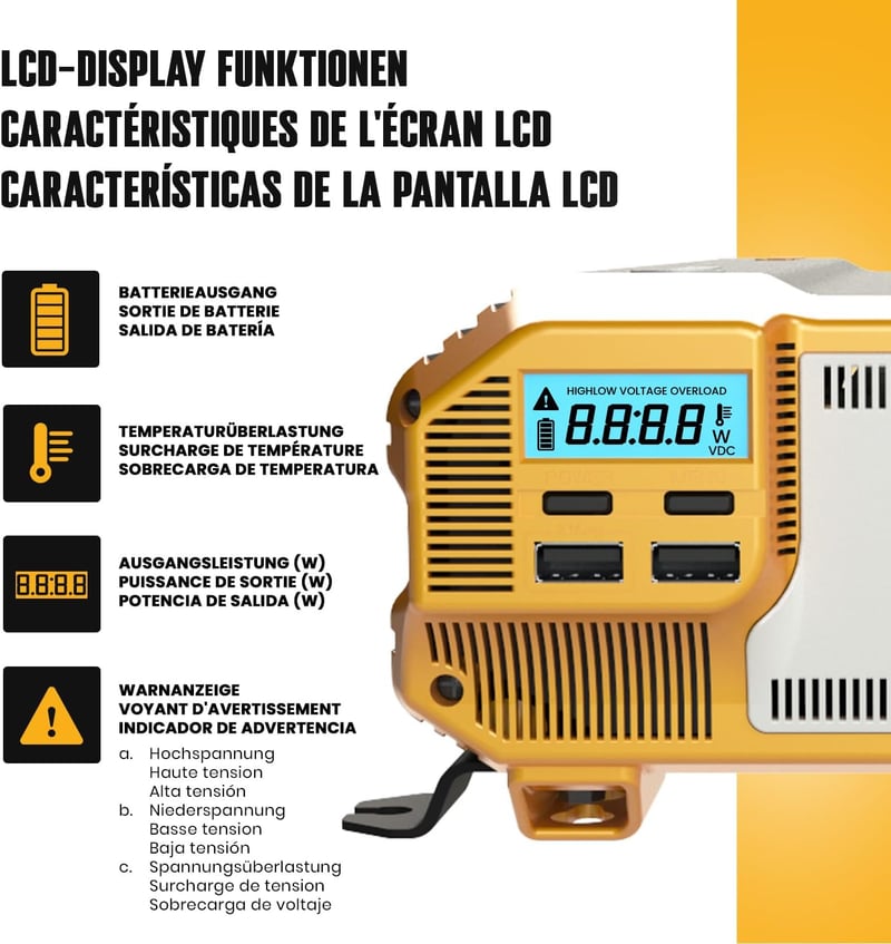 Krieger 1100W Feszültségátalakító - 12V-230V Inverter Autóba, Kempingezéshez, LCD Kijelzővel, 2 USB Porttal és EU Csatlakozóval