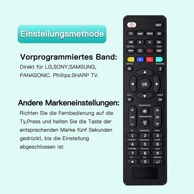 FOXRMT Univerzális TV Távirányító Samsung, LG, Sony, TCL, Sharp, Toshiba, Hisense okostévékhez - 10m hatótáv, 40 gomb, egyszerű beállítás